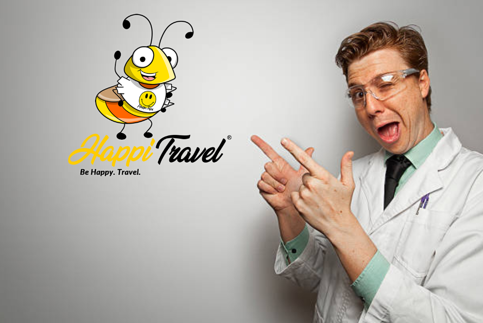 HappiTravel Full Review - A Doctor winking and pointing with both hands at a HappiTravel Logo