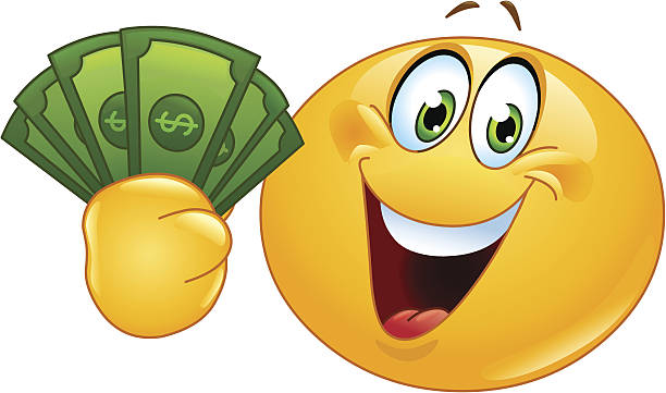 Happy emoticon holding dollar bills