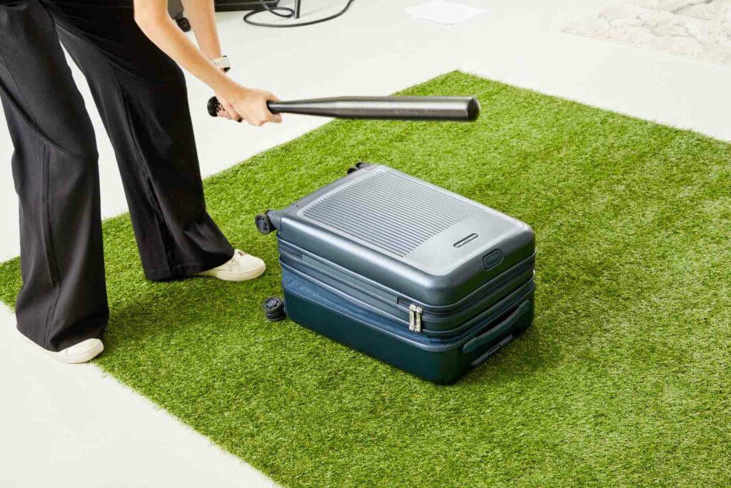 A woman hitting the luggage with a bat. You can put a bat to Briggs & Riley Luggage -The Best Luggage To Buy